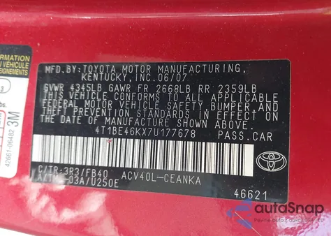 2007 Toyota Camry Le из США, поврежденный, VIN 4T1BE46KX7U177678